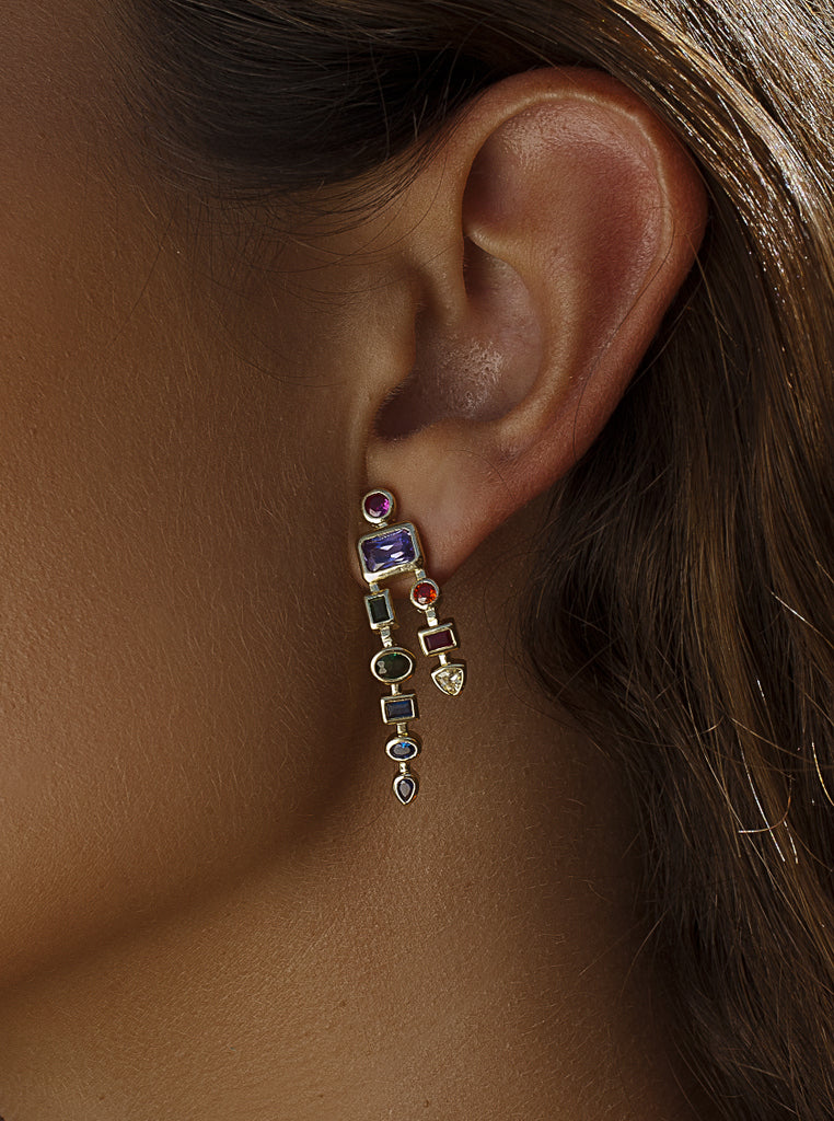 Pendientes largos prisma multicolor en plata de ley 925 con baño de oro