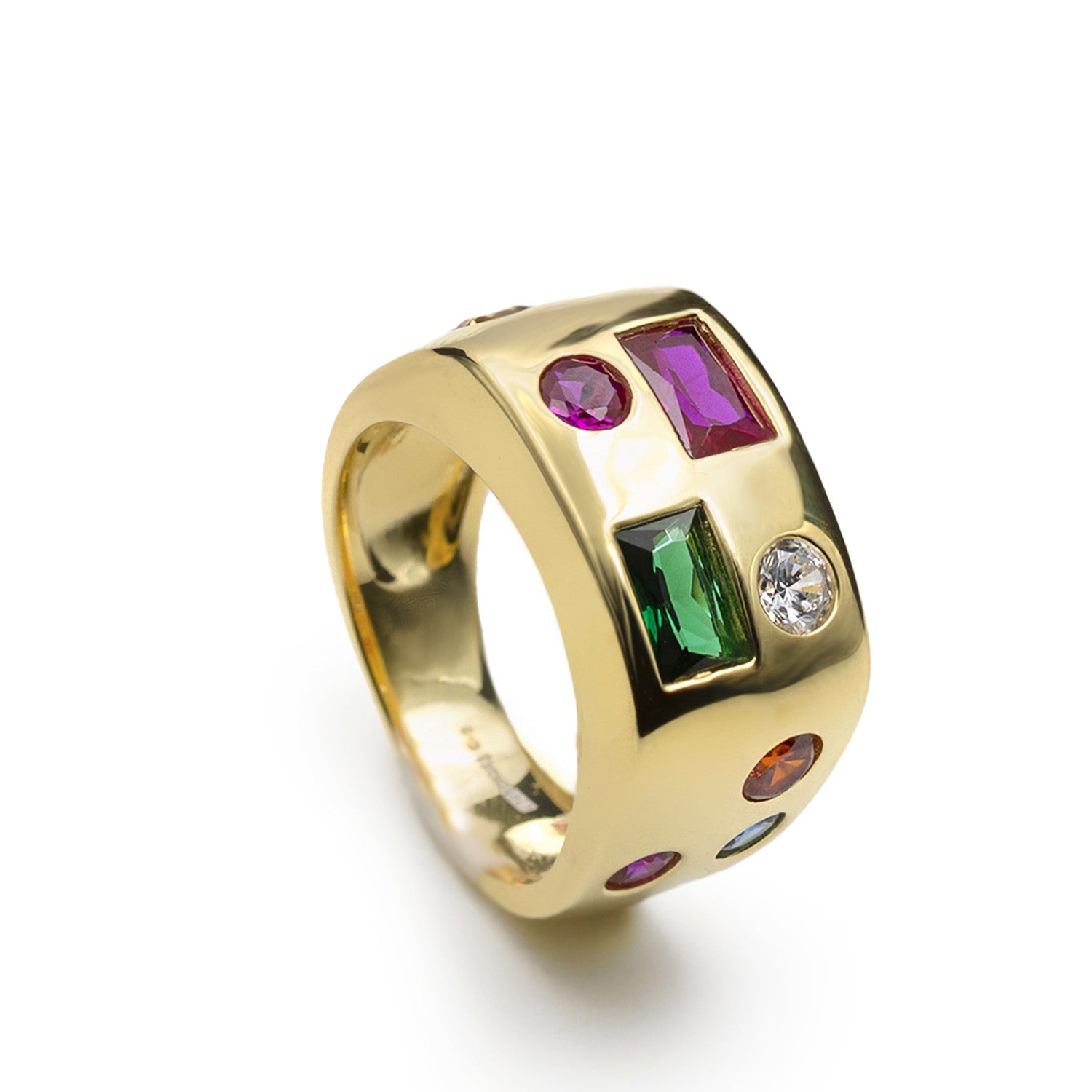 Anillo ancho mosaico multicolor en plata de ley 925 con baño de oro