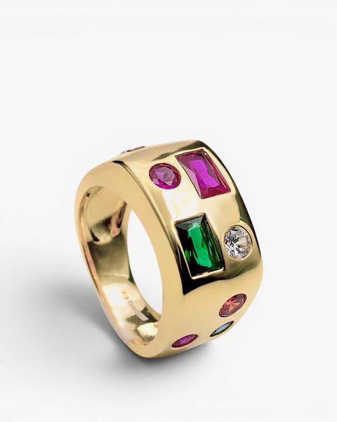 Anillo ancho mosaico multicolor en plata de ley 925 con baño de oro