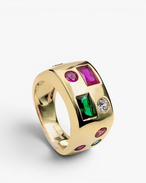 Wide multicolor mosaic ring in 925 sterling silver with gold plating