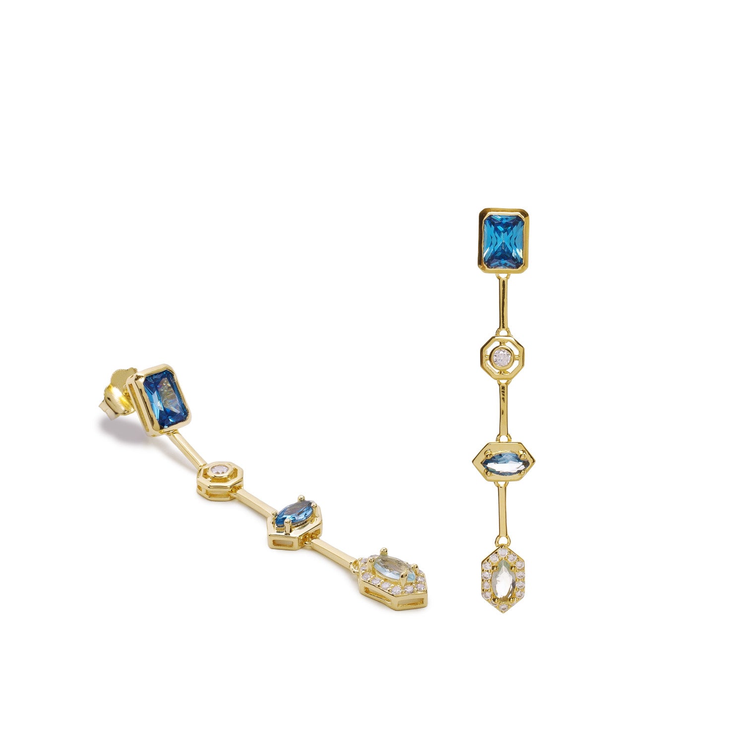 Pendientes largos geométricos de plata bañada en oro con piedras azules