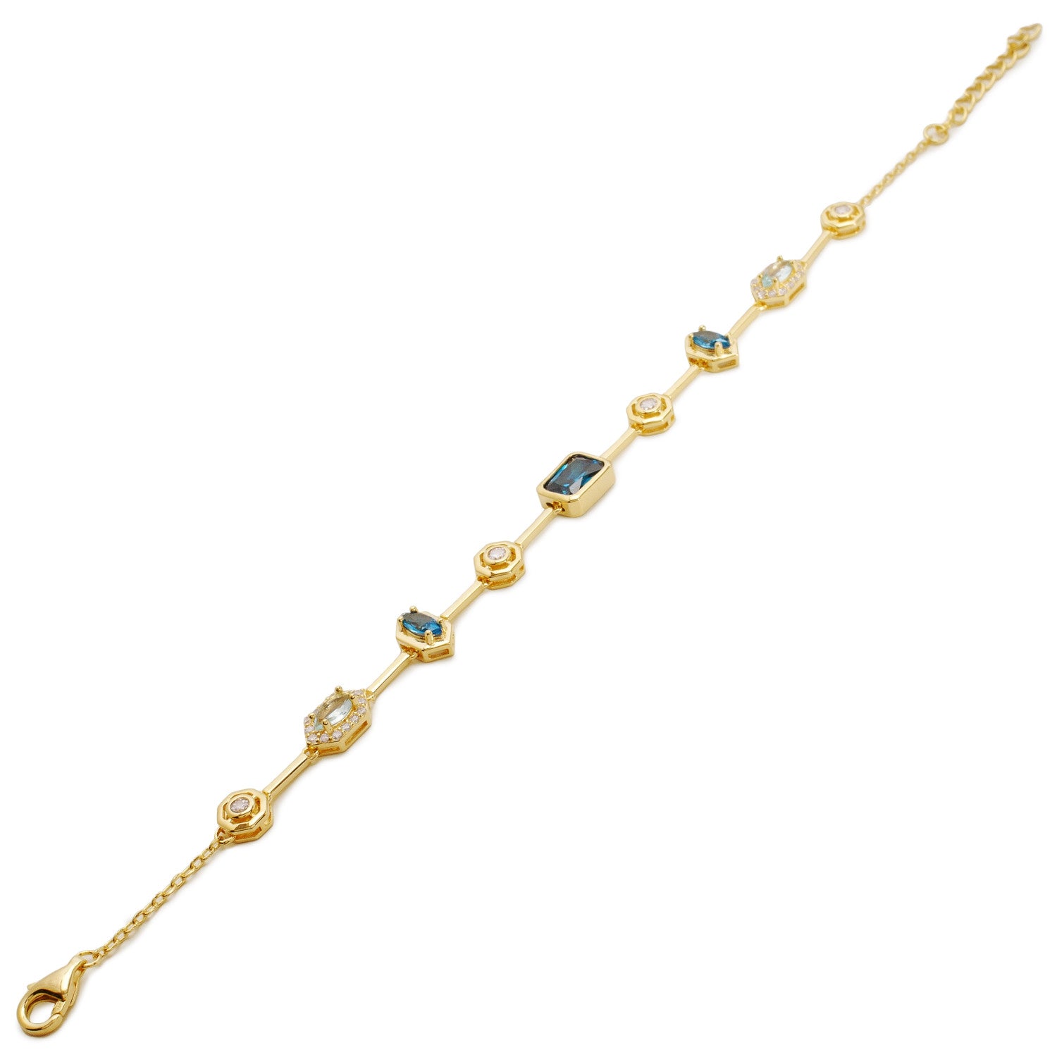 Pulsera fina de plata bañada en oro con piedras azules y brillo