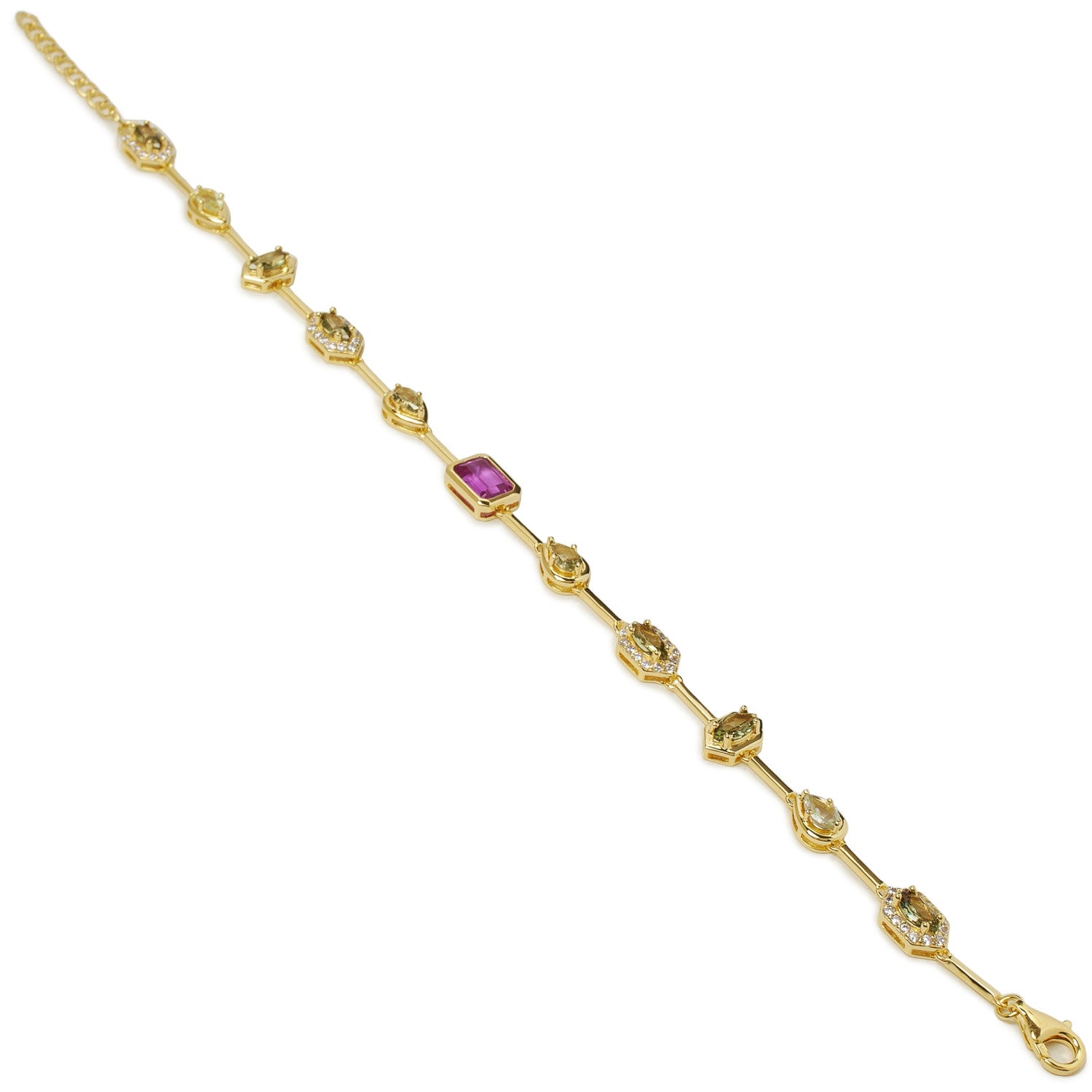 Pulsera de plata dorada con piedra fucsia central y circonitas
