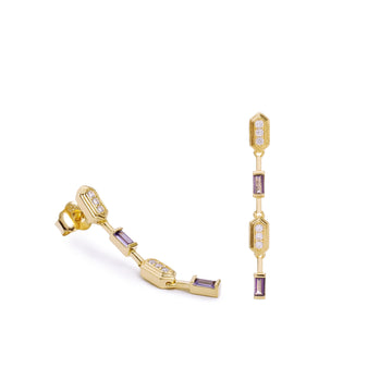 Pendientes largos dorados de plata art déco con circonitas blancas y lila