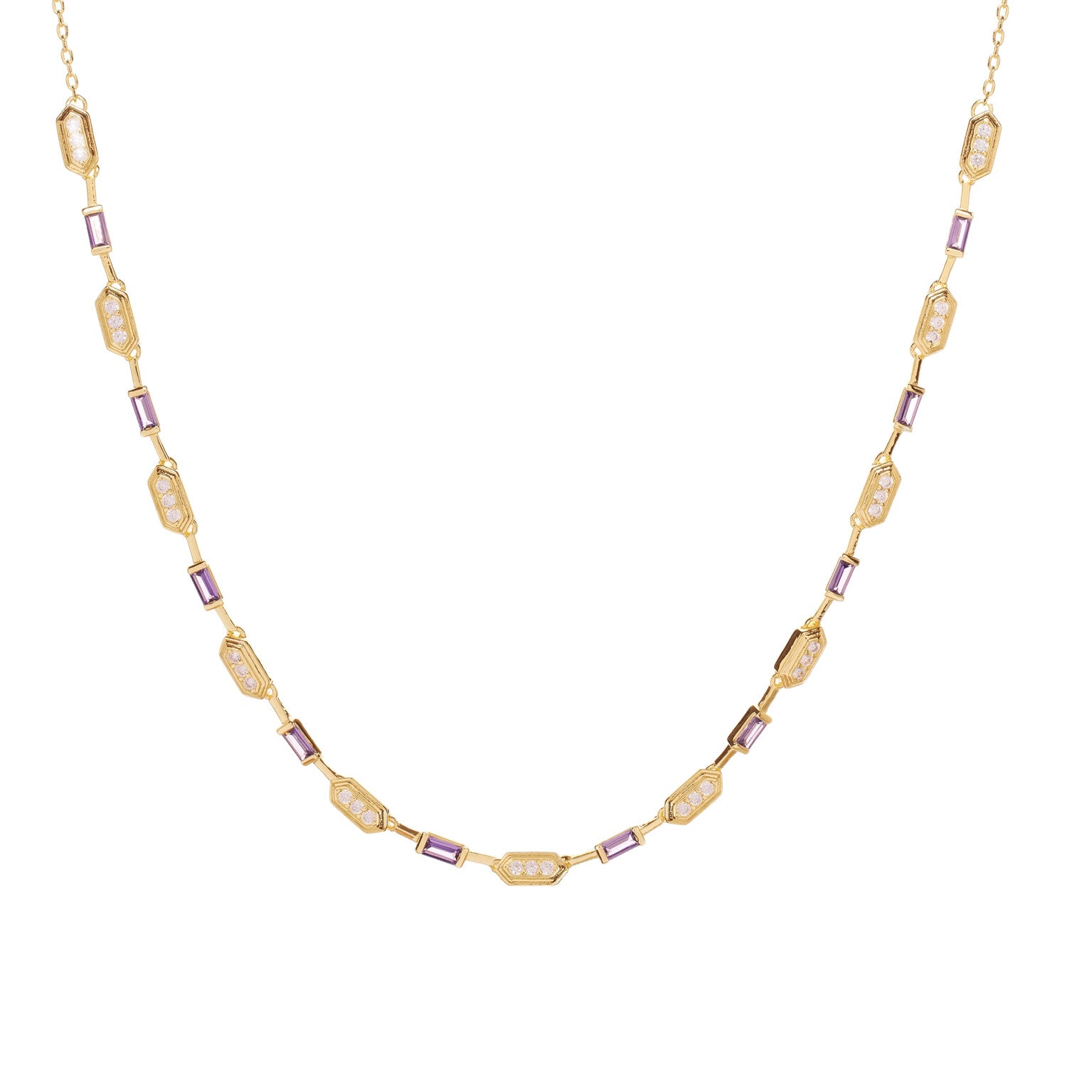 Collar dorado de plata bañada en oro art déco con circonitas blancas y piedras lila en eslabones geométricos