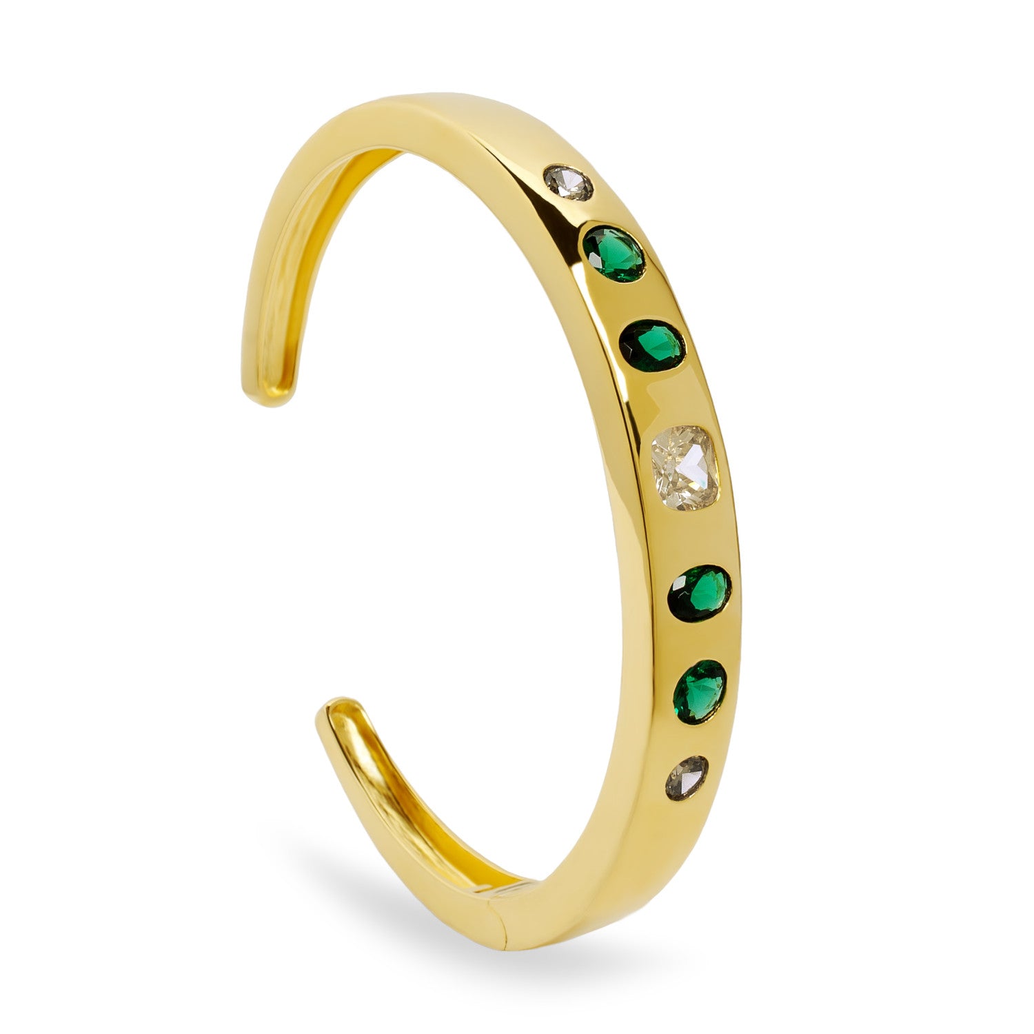 Pulsera rígida de plata dorada con piedras verdes y blancas