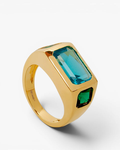 Gold-plated sterling silver signet ring with aquamarine and green stones