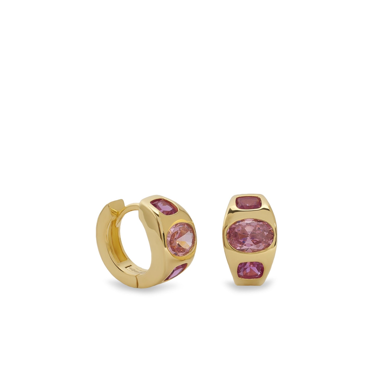 Pendientes aro de plata bañados en oro con piedra rosa y fucsia | huggie