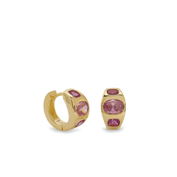 Pendientes aro de plata bañados en oro con piedra rosa y fucsia | huggie