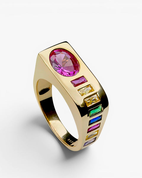 Anillo prisma rosa multicolor ancho de plata bañada en oro