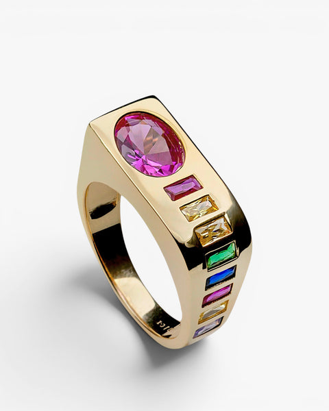 Anillo prisma rosa multicolor ancho de plata bañada en oro
