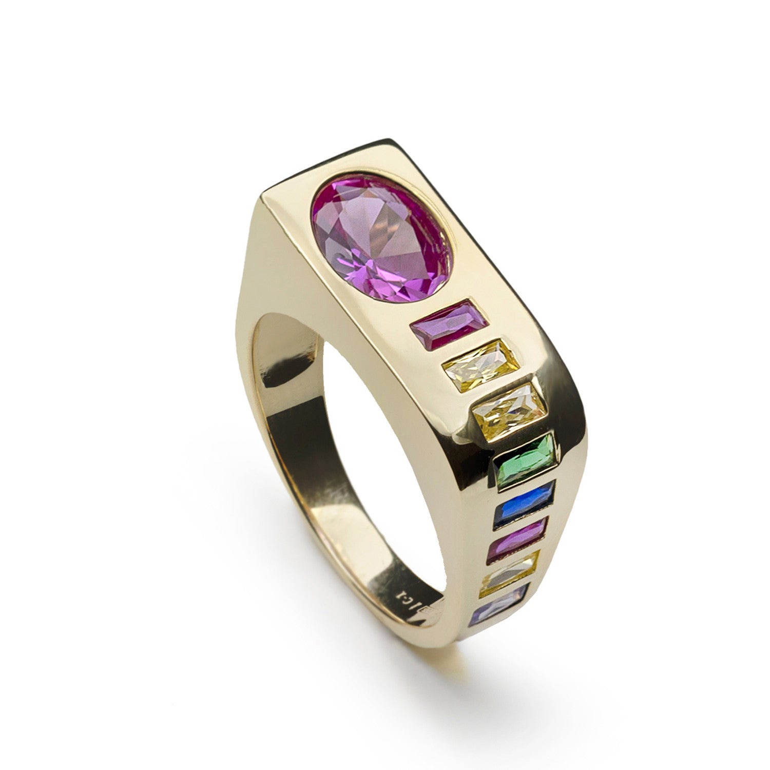 Anillo prisma rosa multicolor ancho de plata bañada en oro