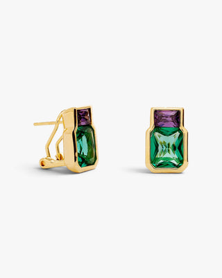 Pendientes dorados geométricos con piedras verdes y violetas
