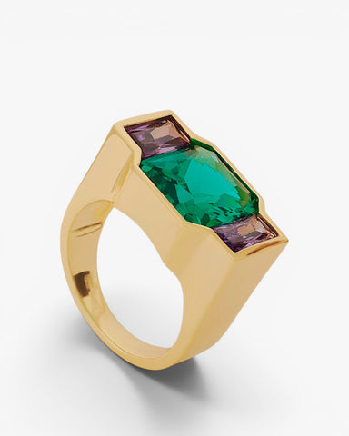 Anillo de plata 925 dorada con piedra verde y detalles malva