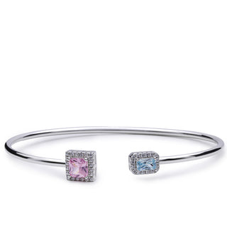 Pulsera rígida abierta de plata con circonitas rosa y azul