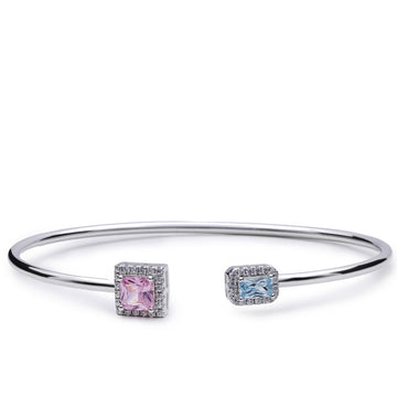 Pulsera rígida abierta de plata con circonitas rosa y azul