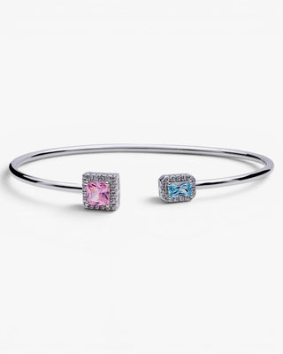 Pulsera rígida abierta de plata con circonitas rosa y azul