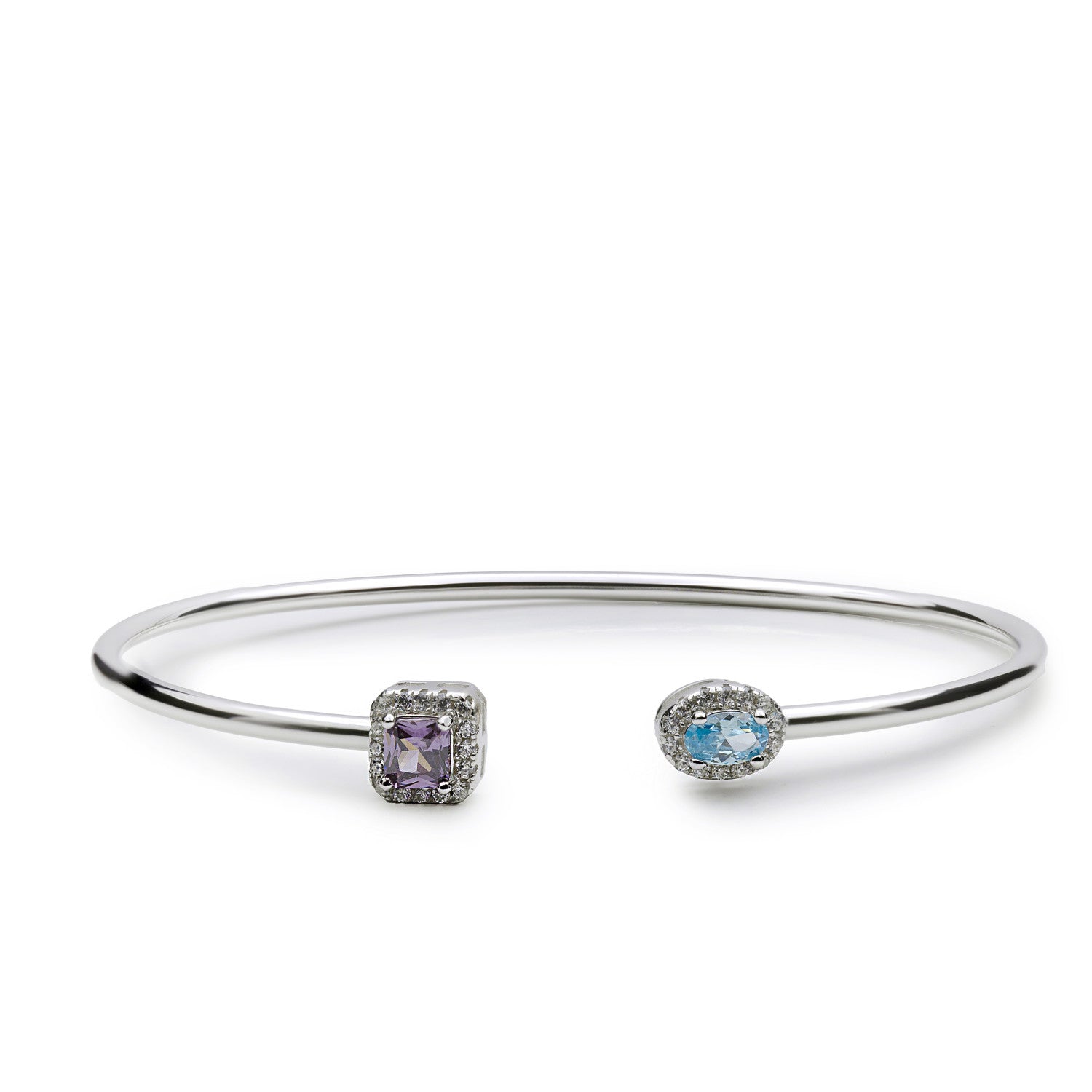 Pulsera rígida de plata con circonitas lila y azul