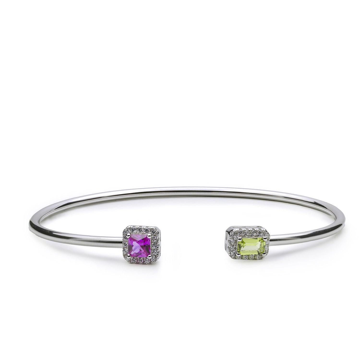 Pulsera rígida de plata con circonitas fucsia y verde