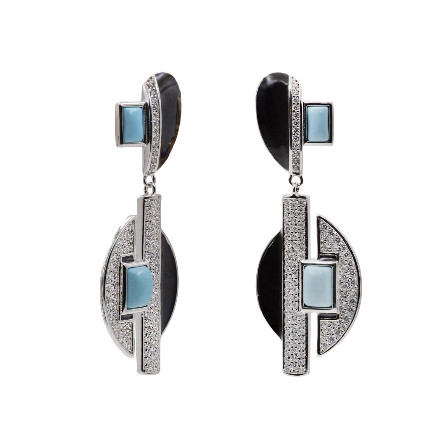 Pendientes largos geométricos de plata con turquesa y negro