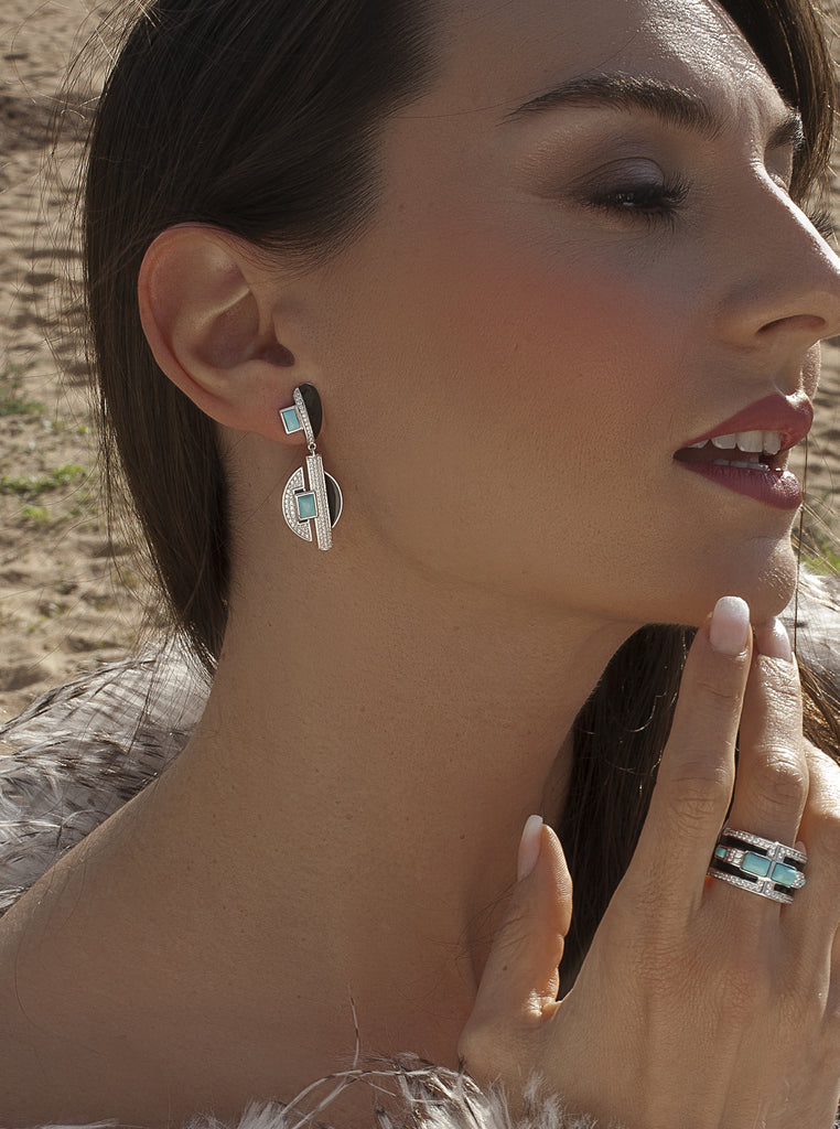 Pendientes largos geométricos de plata con turquesa y negro