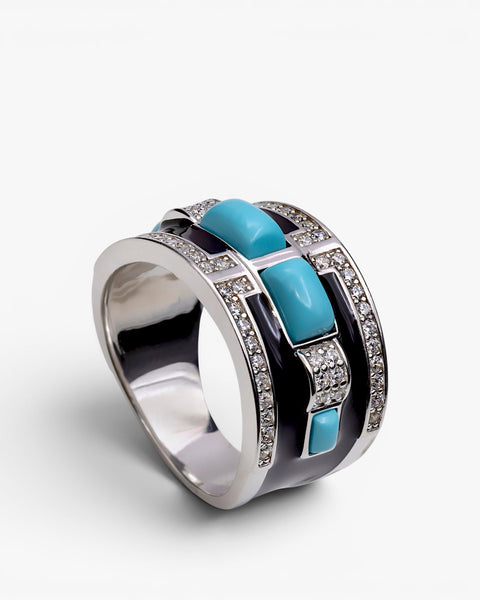 Anillo ancho de plata con turquesa  negro y circonitas