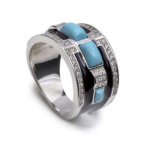 Anillo ancho de plata con turquesa  negro y circonitas