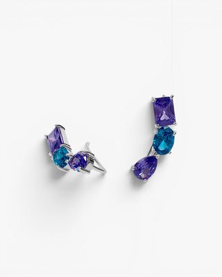Pendientes trepadores plata con gemas lila y azul petróleo