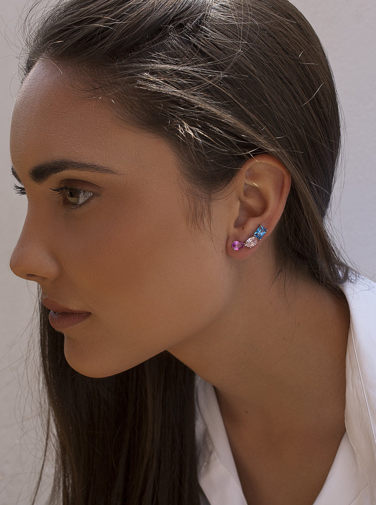 Pendientes trepadores plata tono azul zafiro y rosa