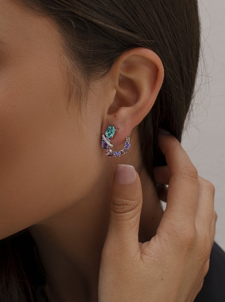 Pendientes media luna de plata multicolor en lila y turquesa