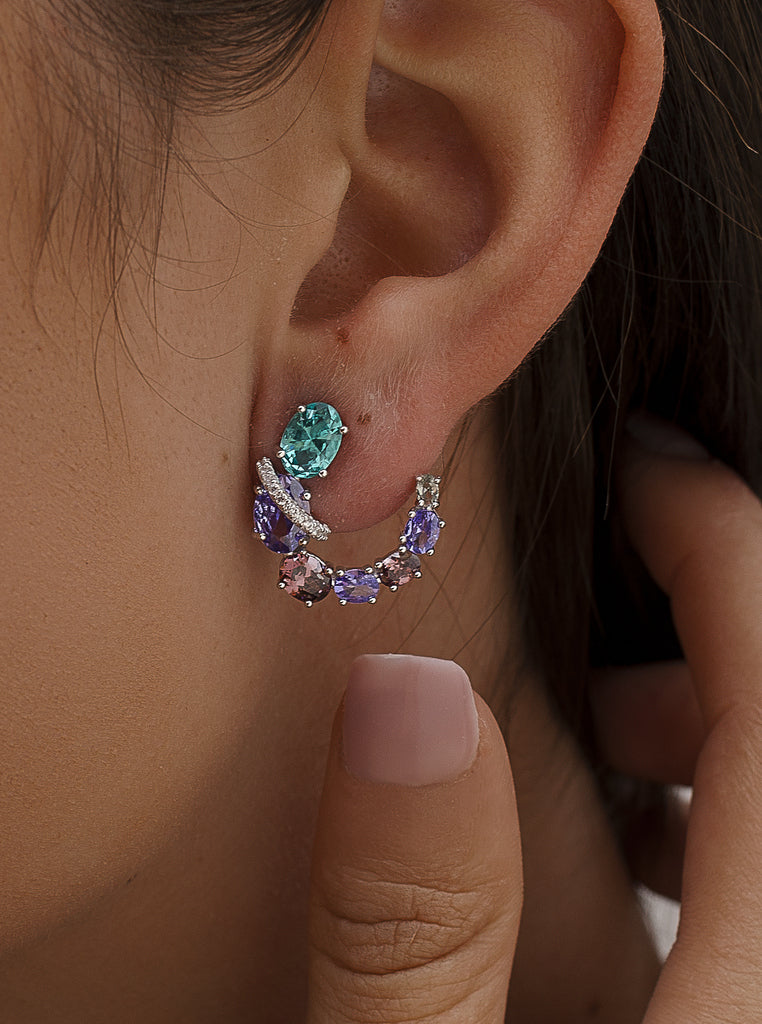 Pendientes media luna de plata multicolor en lila y turquesa