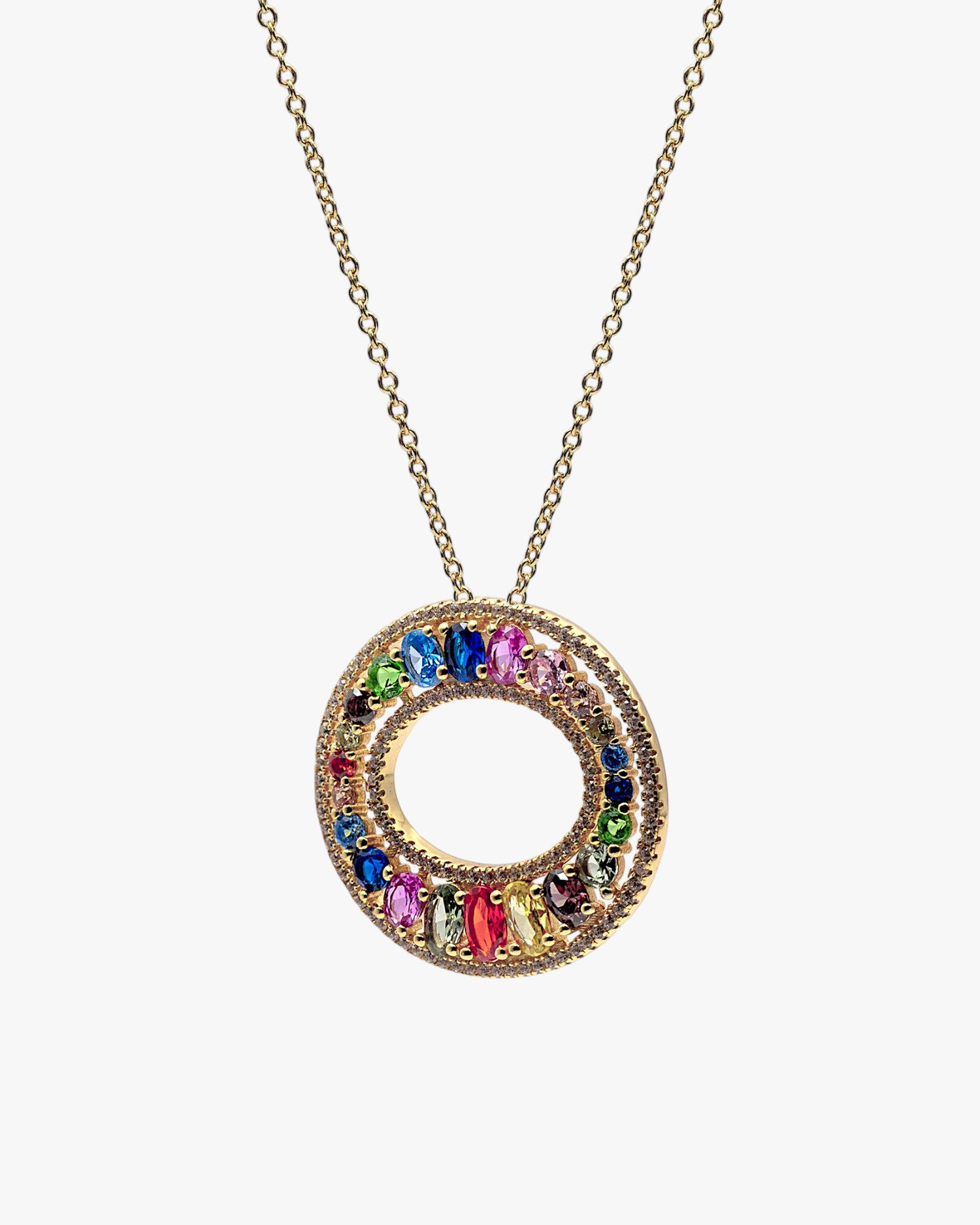 Gold-plated sterling silver necklace with a multi-colored cubic zirconia circular pendant