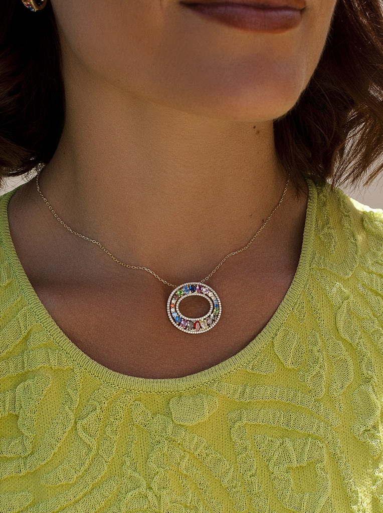 Gold-plated sterling silver necklace with a multi-colored cubic zirconia circular pendant