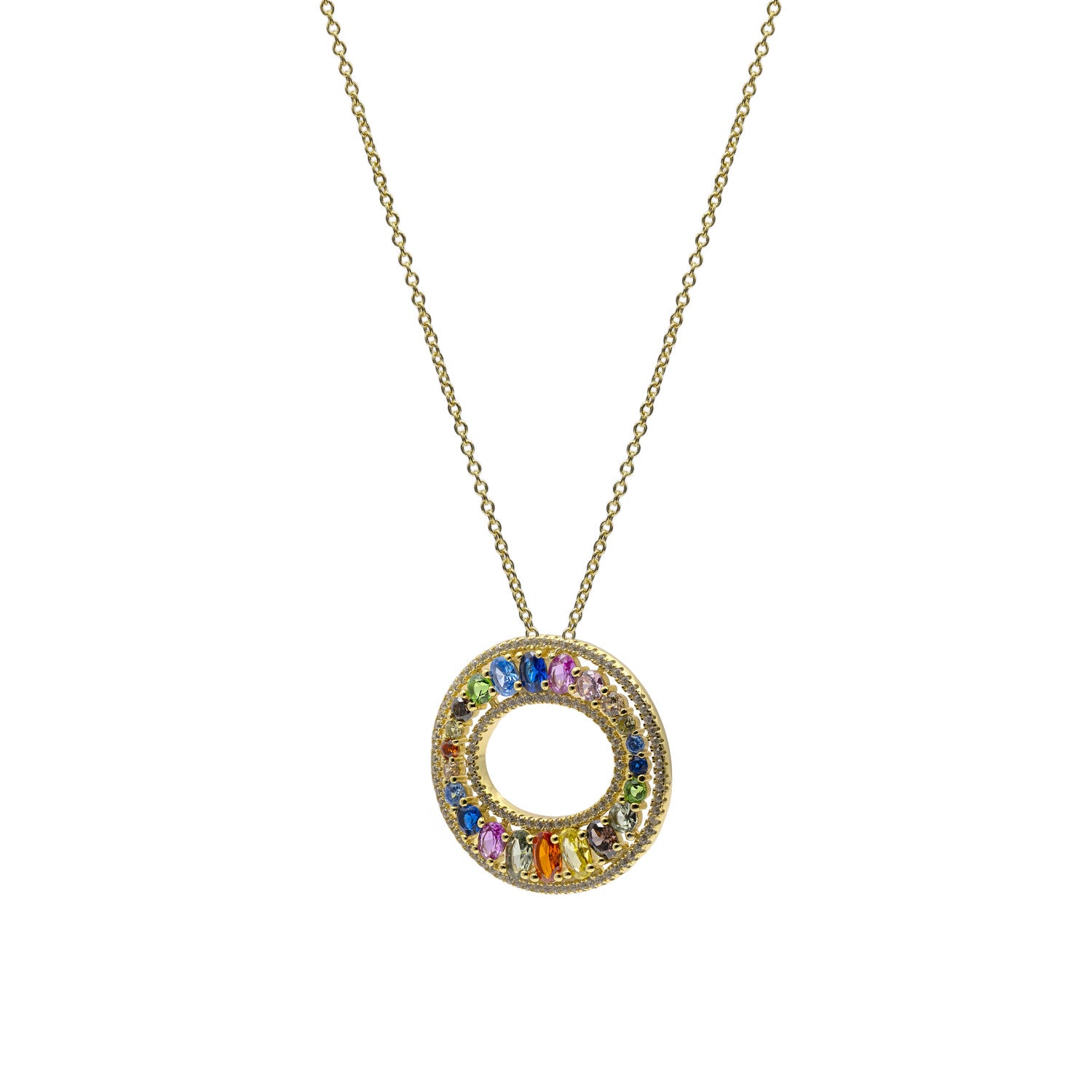 Collar de plata bañado en oro con colgante circular multicolor de circonitas