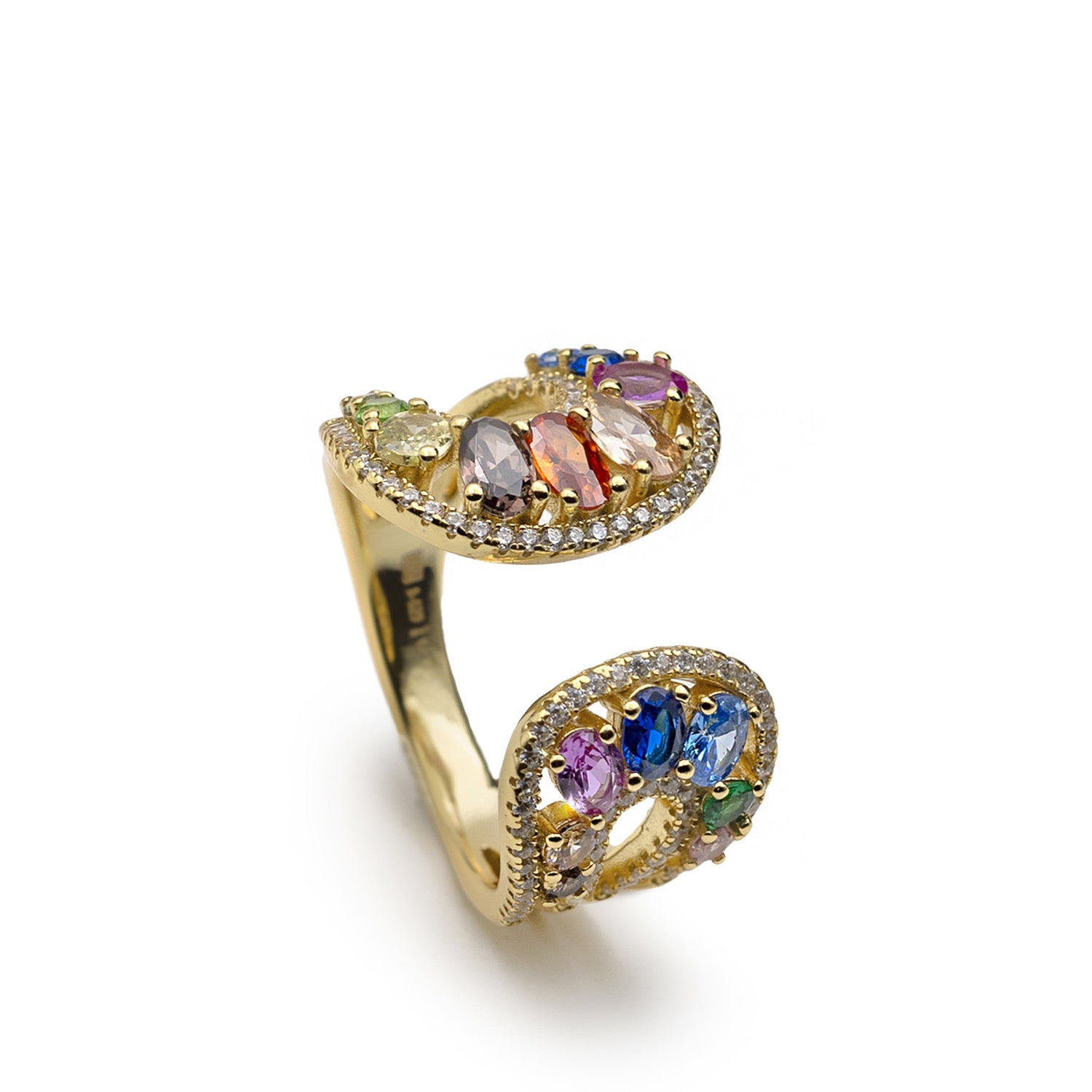 Anillo abierto de plata bañado en oro con circonitas multicolor | joya original