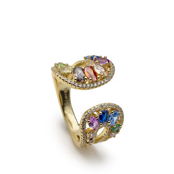 Anillo abierto de plata bañado en oro con circonitas multicolor | joya original