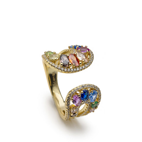 Anillo abierto de plata bañado en oro con circonitas multicolor | joya original