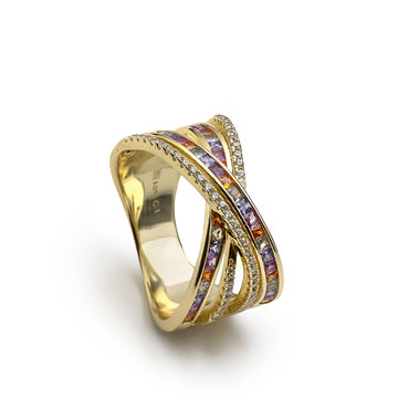 Anillo cruzado de plata bañada en oro con piedras multicolor