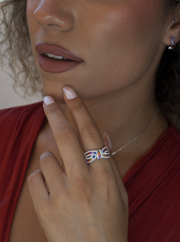 Anillo lazo de plata con circonitas multicolor