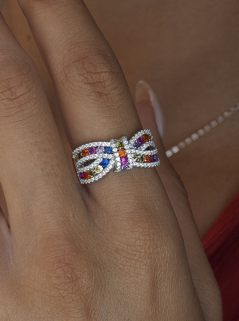 Anillo lazo de plata con circonitas multicolor