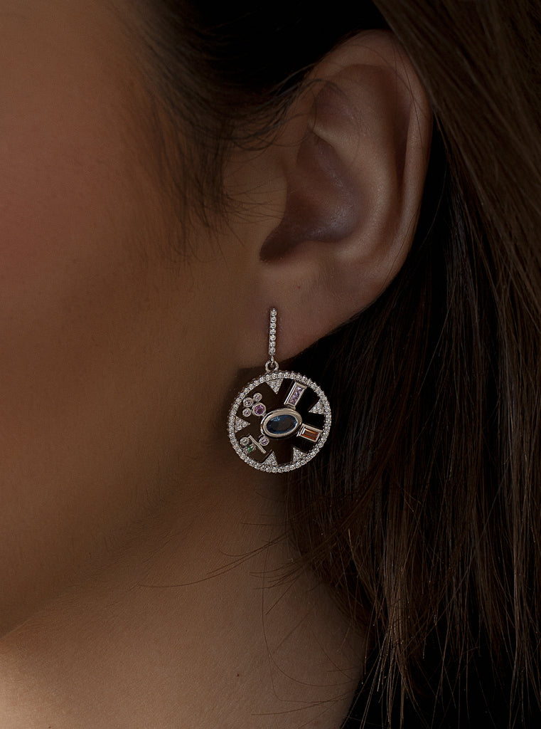Pendientes brújula de plata 925 con circonitas y piedra azul