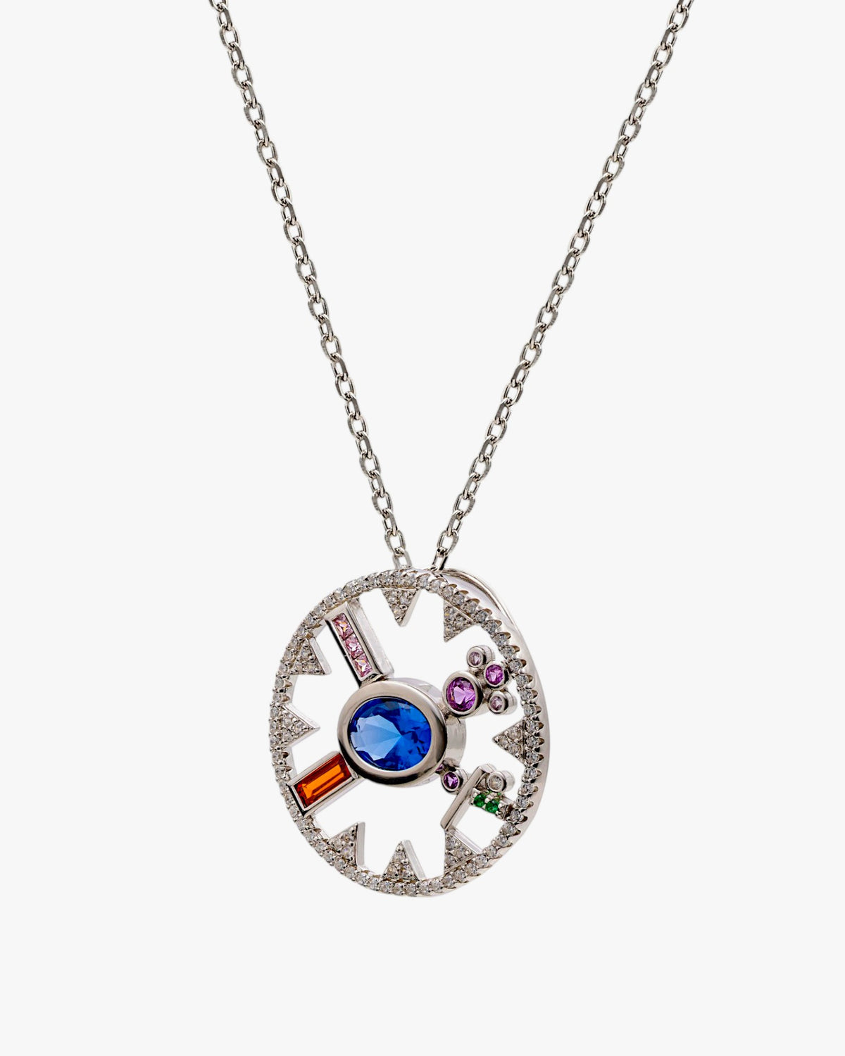 Collar brújula de plata 925 con colgante y circonitas multicolor