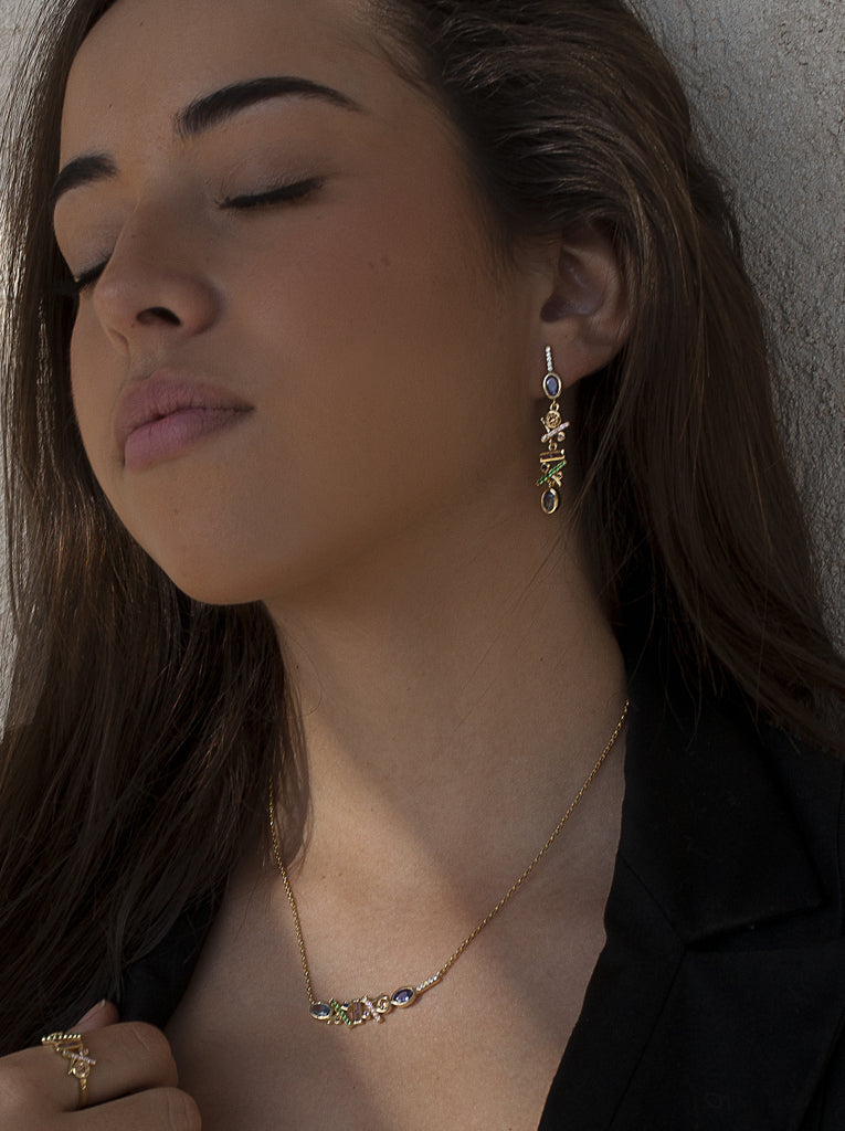 Pendientes largos prisma multicolor de plata bañada en oro