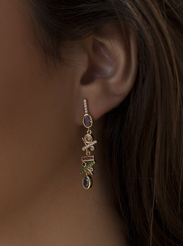 Pendientes largos prisma multicolor de plata bañada en oro