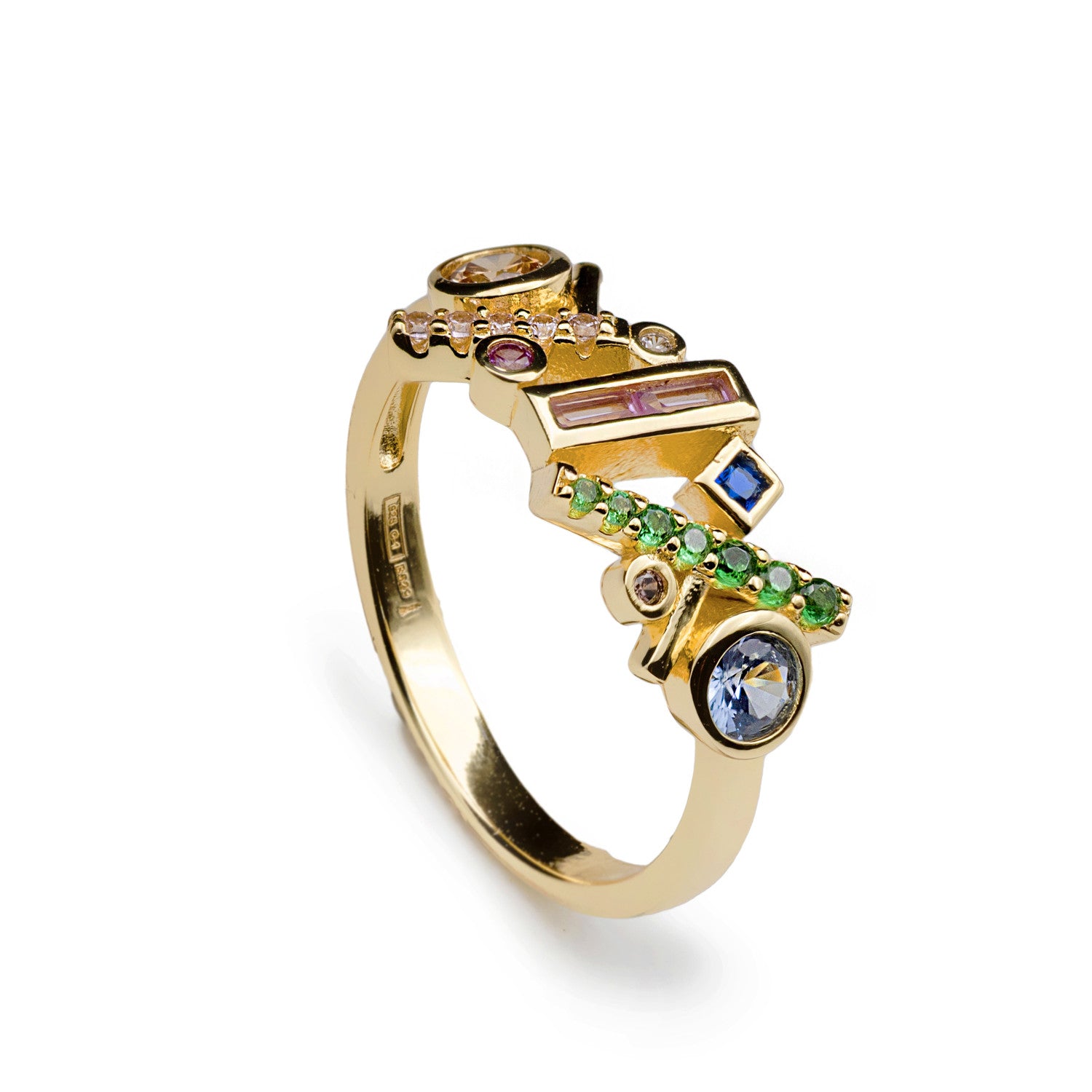 Anillo vector multicolor de plata bañada en oro con circonitas