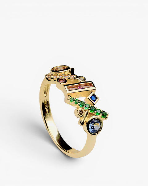Multi-colored gold-plated silver vector ring with zircons