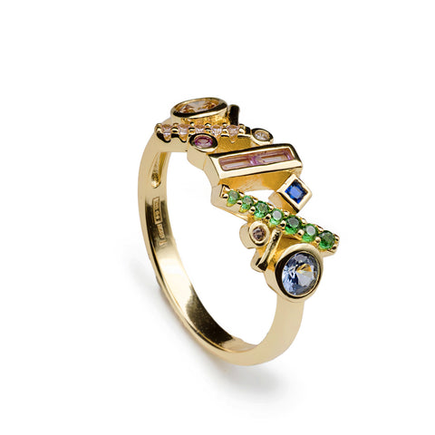 Anillo vector multicolor de plata bañada en oro con circonitas