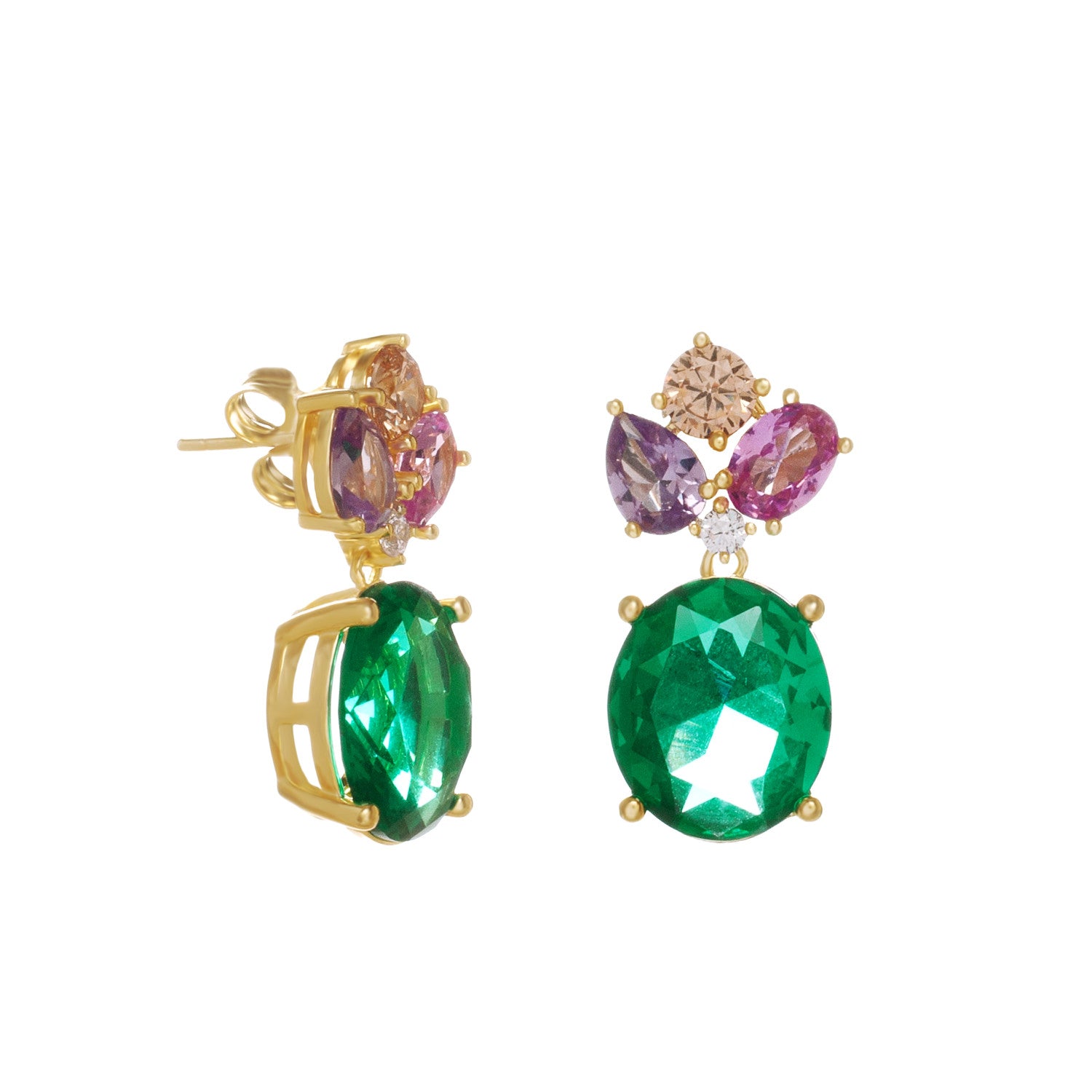 Pendientes de plata dorada con piedra verde multicolor