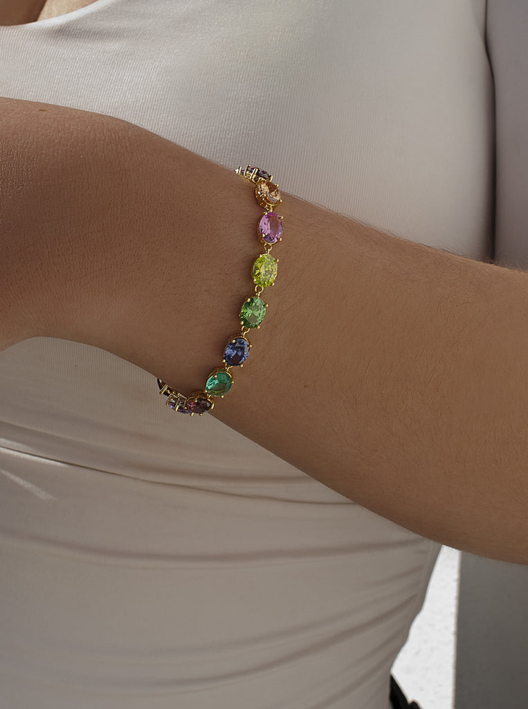 Pulsera de plata dorada con piedras ovales multicolor