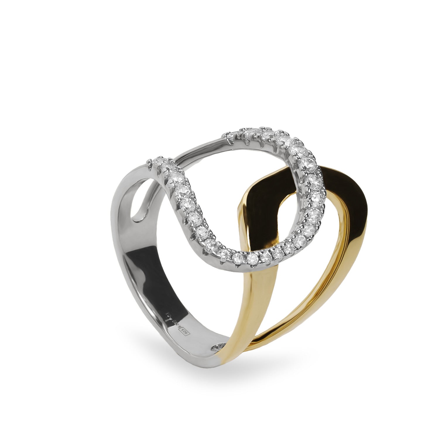 Anillo bicolor de plata con circonitas diseño sobrepuesto